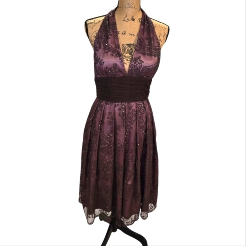 Adrianna Papell Boutique Purple Beaded Party Cocktail Halter Dress Size 10